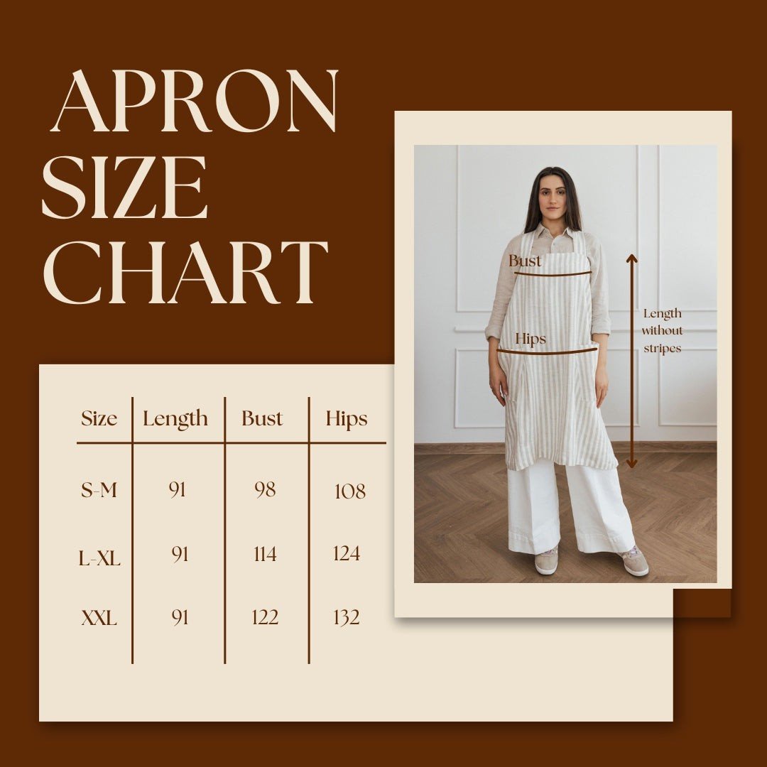 6. Size chart for women's linen apron showing length, bust, and hips in centimeters