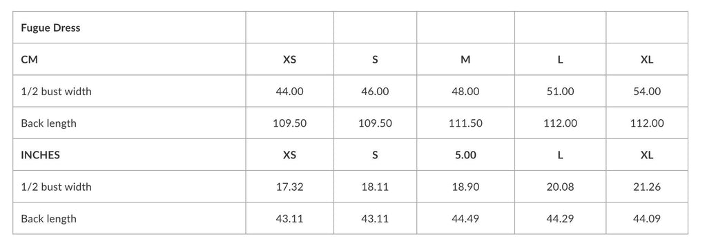 2. Size chart for Fugue Dress showing bust width and back length in centimeters and inches for sizes XS to XL