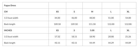 2. Size chart for Fugue Dress showing bust width and back length in centimeters and inches for sizes XS to XL