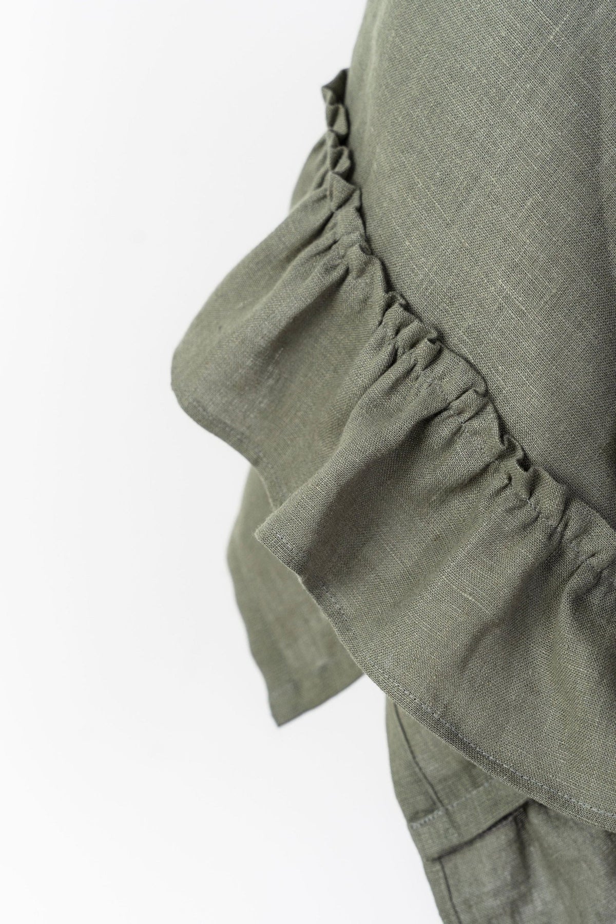 7. Close-up of olive linen kitchen towel with ruffles showing fabric texture