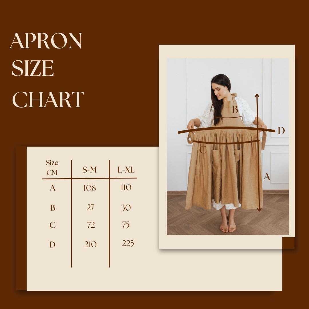 6. Size chart for women's linen apron showing S-M and L-XL measurements