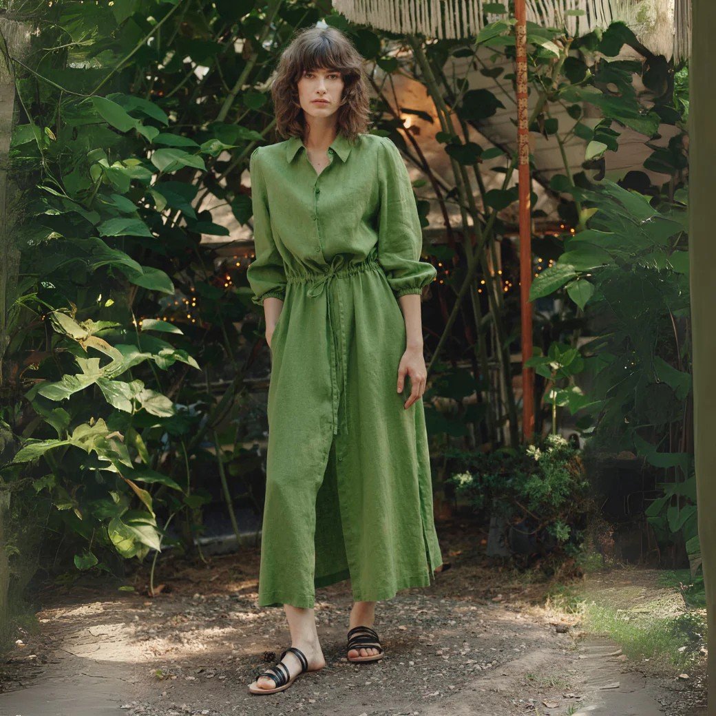 1. Woman wearing green linen long shirt dress with adjustable drawstring belt and side slits, standing in a lush garden setting