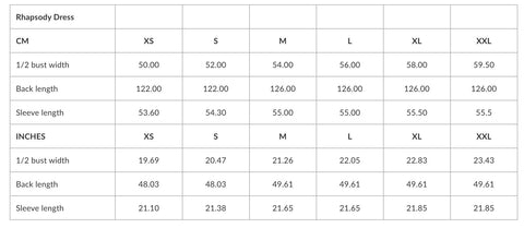 5. Size chart for Rhapsody dress showing bust, back length, and sleeve length in centimeters and inches