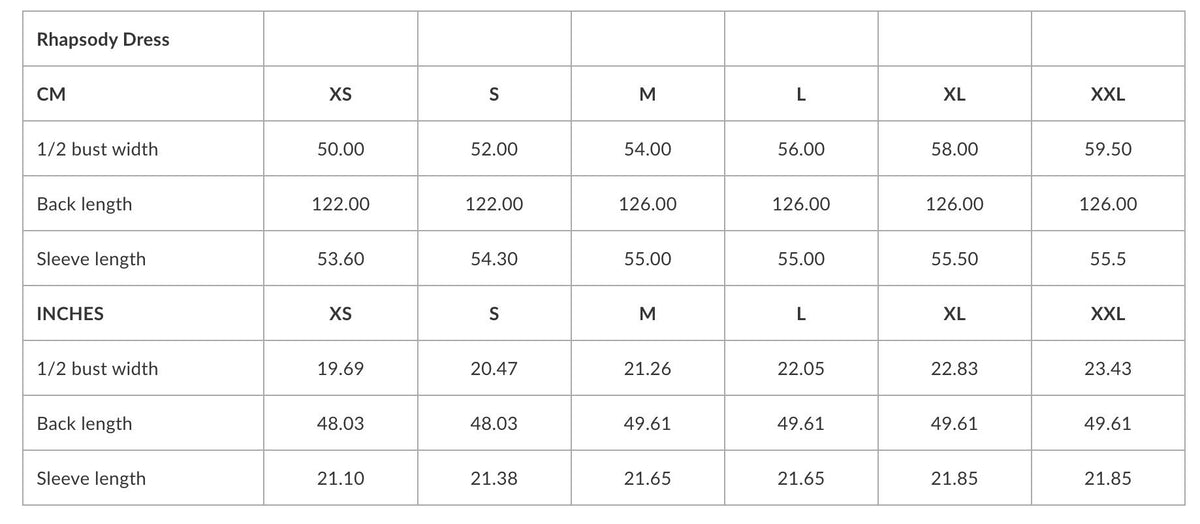 5. Size chart for Rhapsody Dress showing measurements in centimeters and inches for sizes XS to XXL