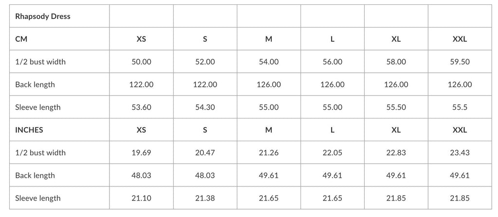 5. Size chart for Rhapsody Dress in centimeters and inches, detailing bust width, back length, and sleeve length for sizes XS to XXL