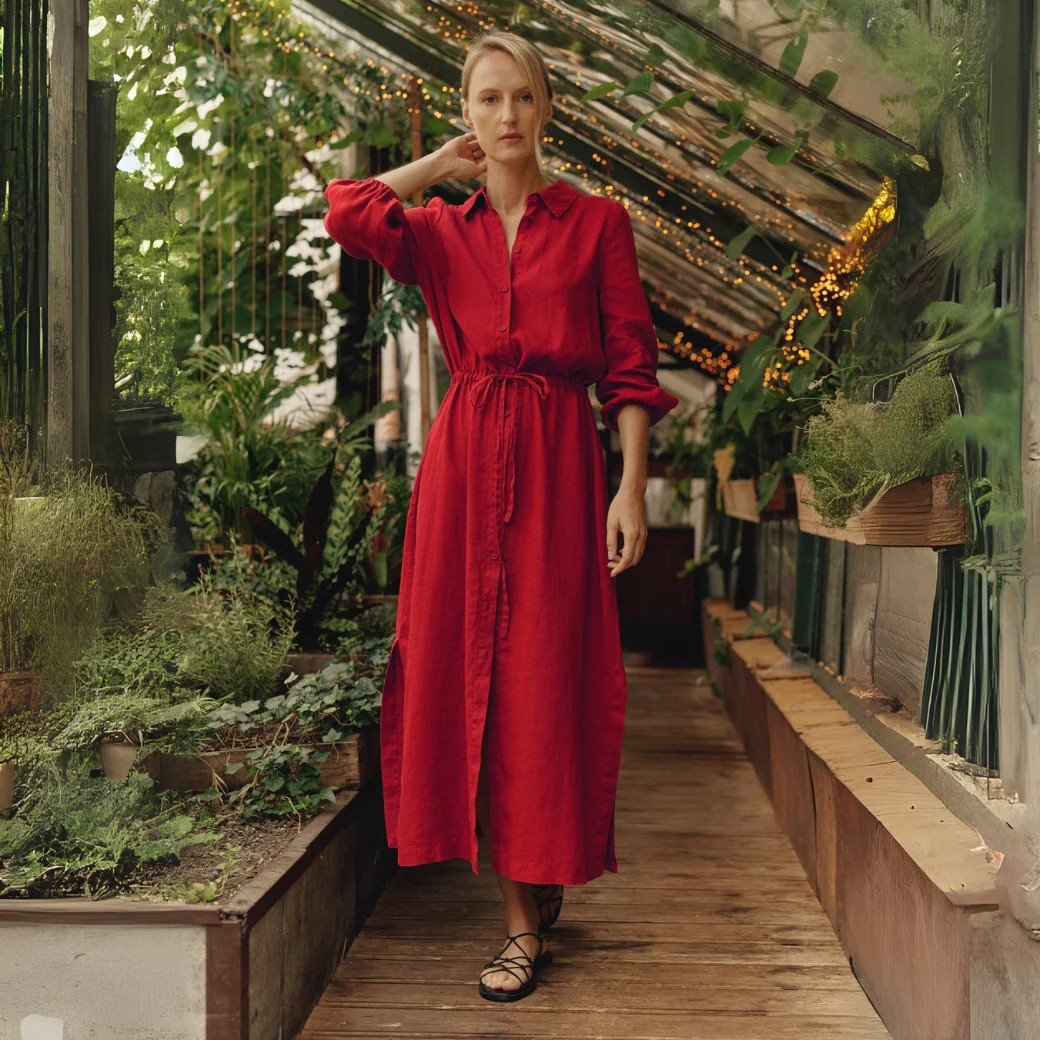 1. Woman wearing red long linen dress with button closure and drawstring belt, standing in a lush greenhouse setting