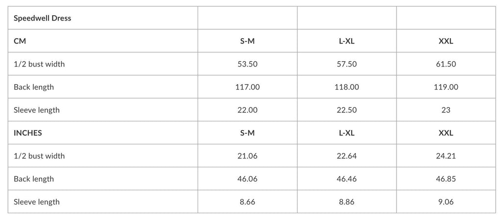 2. Size chart for Speedwell Dress showing measurements in centimeters and inches for sizes S-M, L-XL, and XXL
