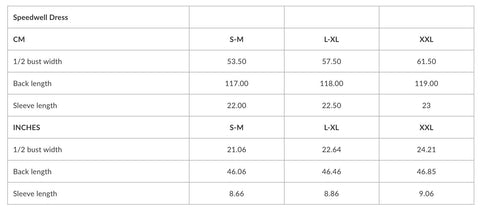 2. Size chart for Speedwell Dress showing measurements in centimeters and inches for sizes S-M, L-XL, and XXL