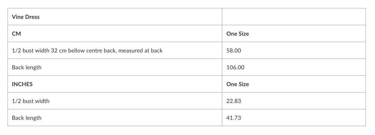 4. Size chart for Vine Dress in centimeters and inches, showing bust width and back length for one size