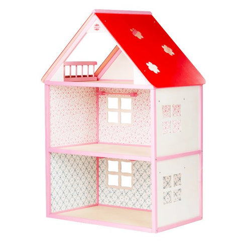1. Two-storey wooden dollhouse with pink and white walls, red roof, and floral wallpaper, shown in a studio setting