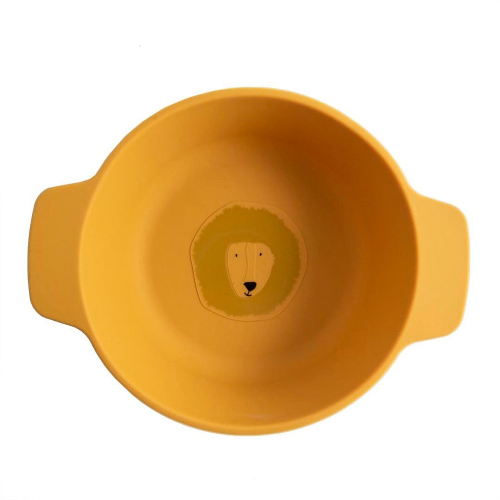 3. Yellow silicone bowl with lion face design, shown from top view highlighting wide handles