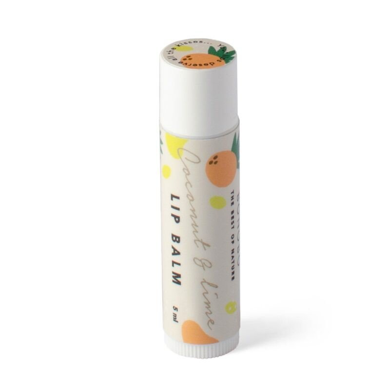 2. BONOBO Coconut & Lime lip balm in white tube with colorful fruit illustrations on clean background