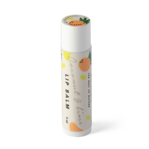 2. BONOBO Coconut & Lime lip balm in white tube with colorful fruit illustrations on clean background