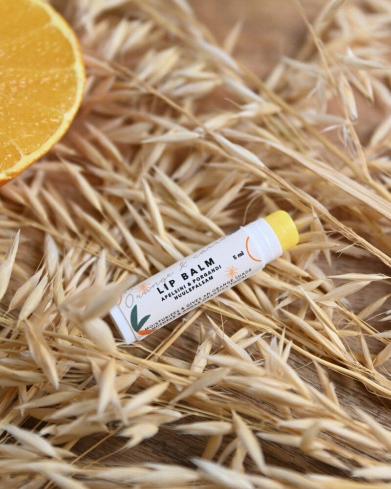 3. BONOBO Orange & Carrot lip balm tube on dried grass with orange slice, highlighting natural ingredients