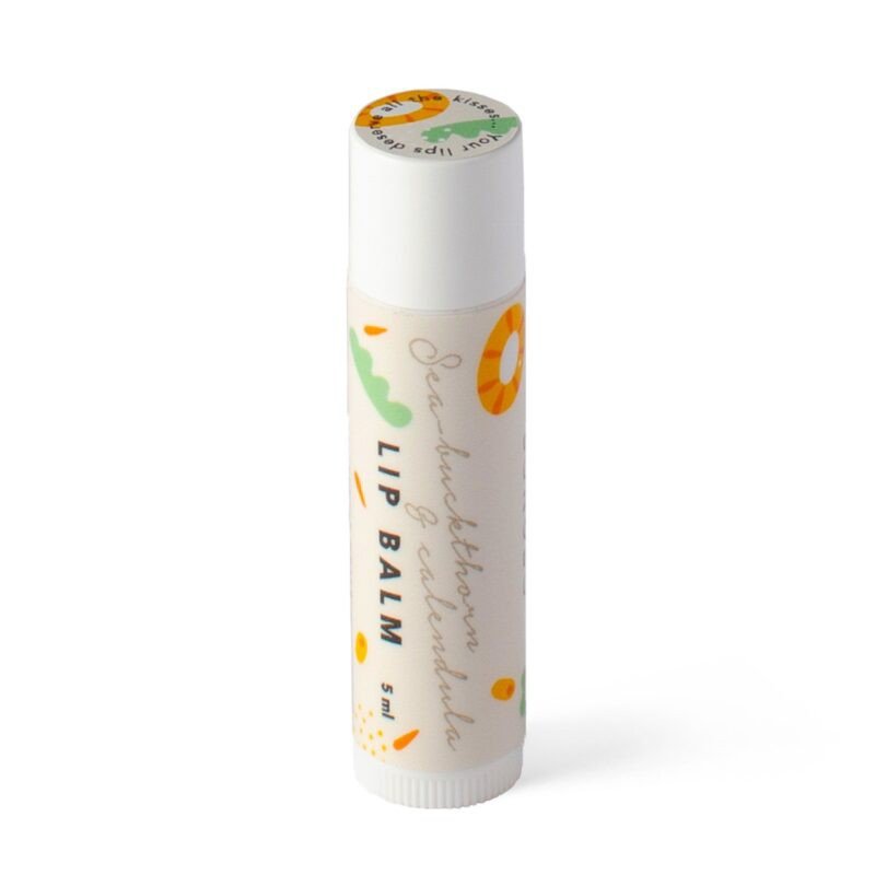 1. BONOBO Sea-Buckthorn & Calendula lip balm in white tube with colorful design, standing upright on a white background