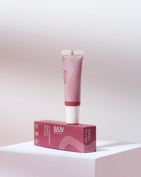 1. LUUV Lip Gloss Balm in Perfect shade displayed on packaging, showcasing non-sticky, long-lasting formula with plum oil