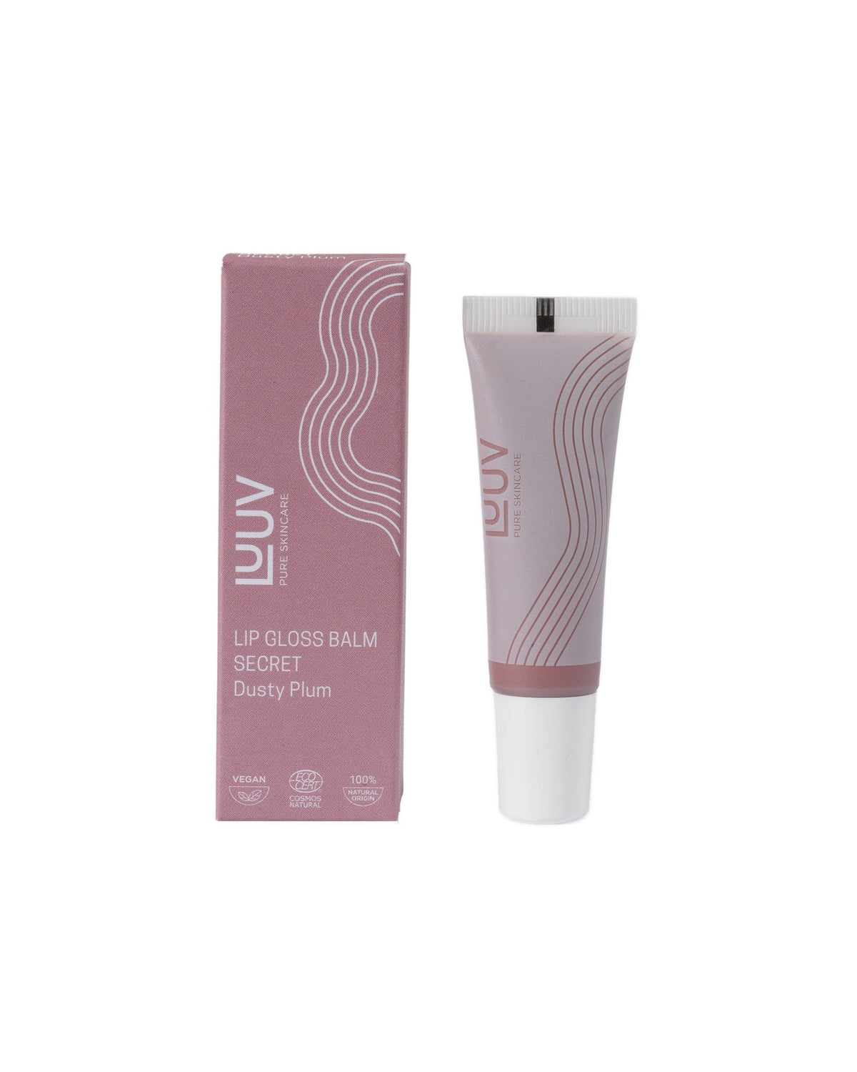 2. LUUV Lip Gloss Balm in Dusty Plum with tube and box on white background highlighting product design