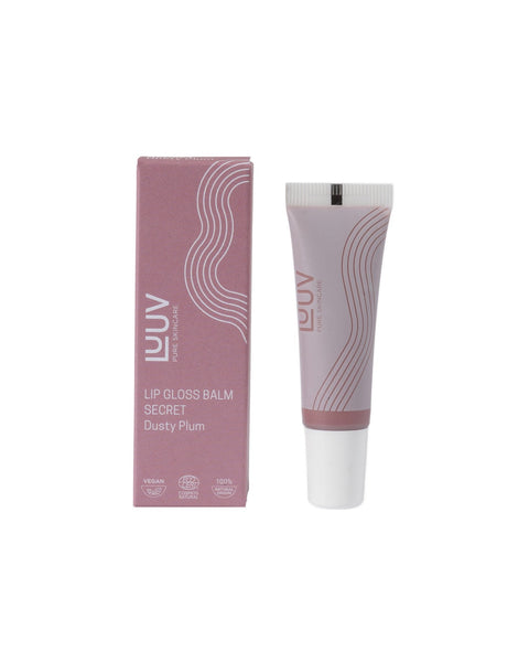 2. LUUV Lip Gloss Balm in Dusty Plum with tube and box on white background highlighting product design