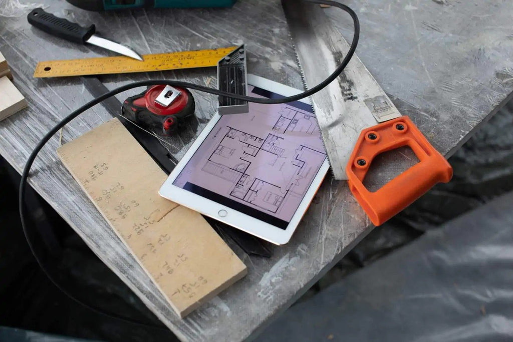 2. Tablet with architectural plans on screen, surrounded by tools, demonstrating GoGoNano Liquid Shield's scratch resistance