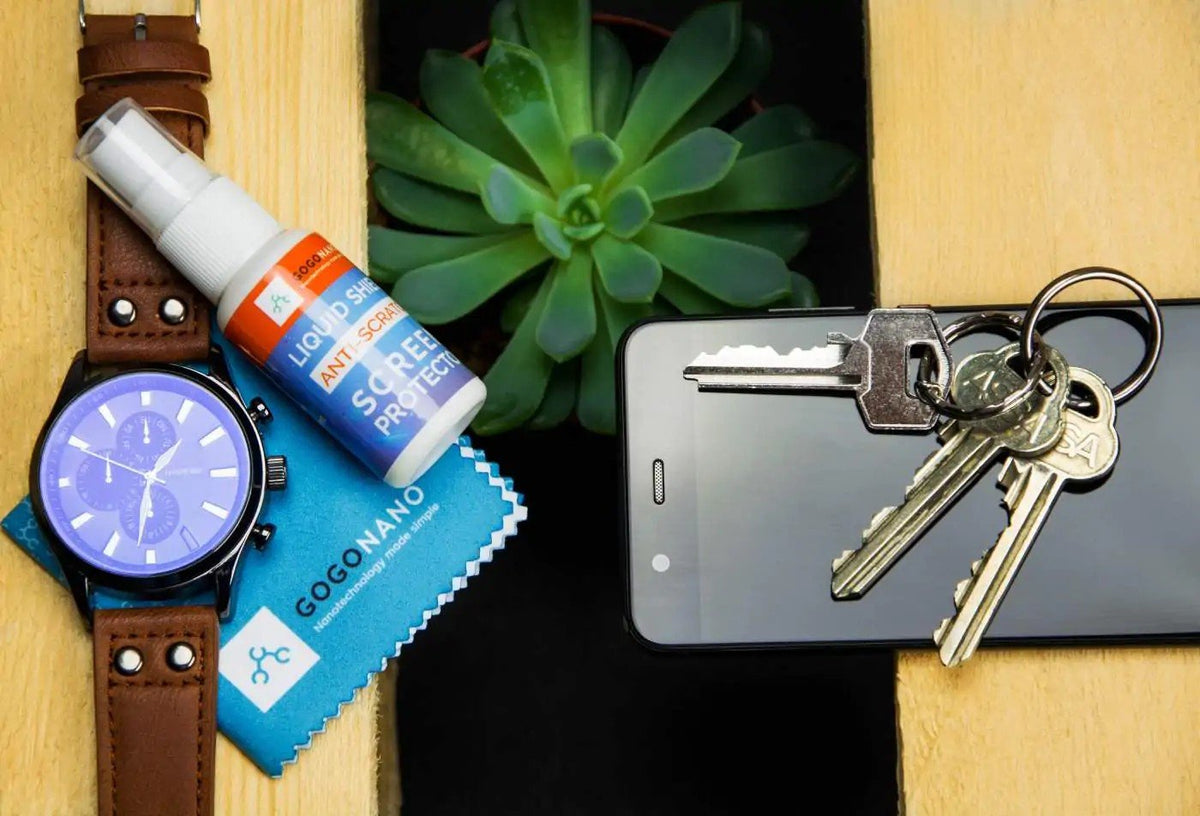 5. GoGoNano Liquid Shield with watch, keys, and plant, emphasizing scratch resistance and protection