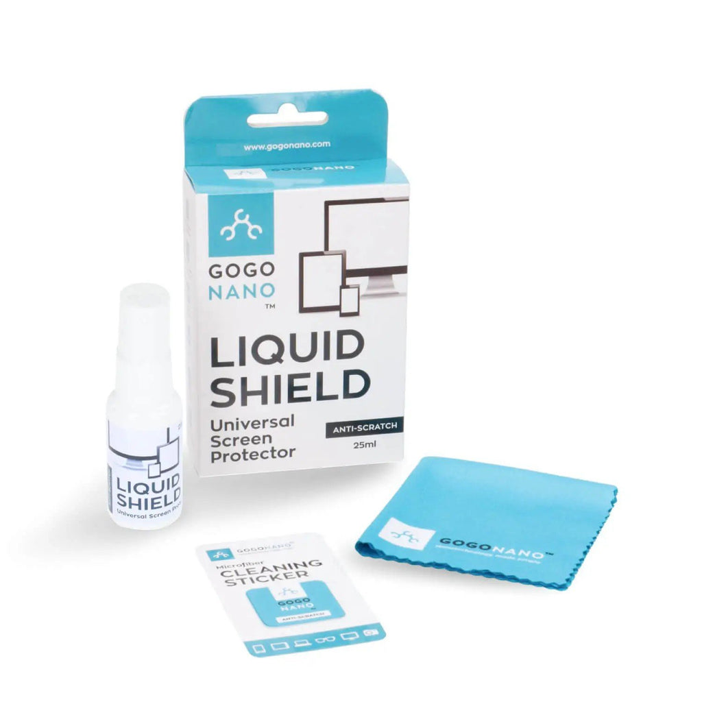 6. GoGoNano Liquid Shield kit including bottle, box, cloth, and cleaning sticker on white background