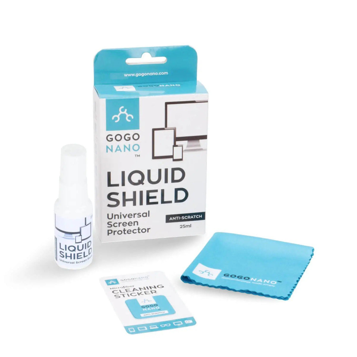 6. GoGoNano Liquid Shield kit including bottle, box, cloth, and cleaning sticker on white background