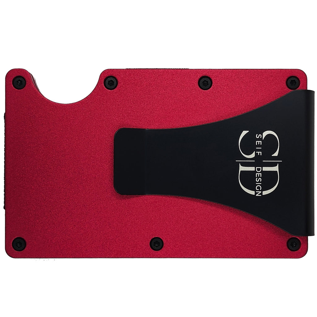 1. Red aluminum card holder by Seif Design with black clip, showing logo, on white background