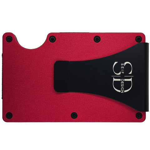 1. Red aluminum card holder by Seif Design with black clip, showing logo, on white background