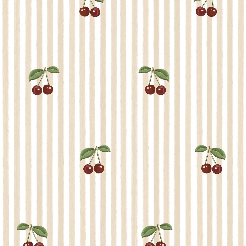 2. Studio shot of little cherries on beige stripes wallpaper showing cherry pattern and stripe design