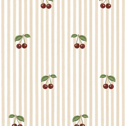 2. Studio shot of little cherries on beige stripes wallpaper showing cherry pattern and stripe design