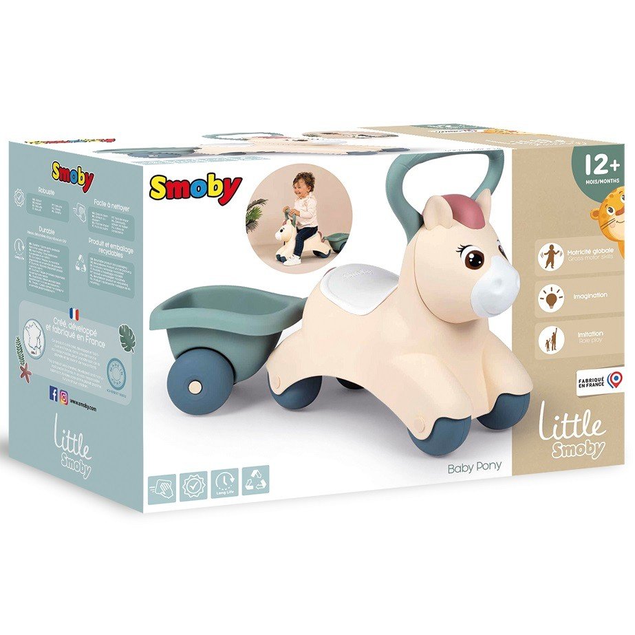 8. Packaging of Smoby Little First Ride-On Pony with Trailer, showing product features
