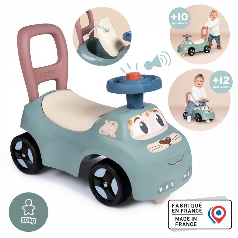 2. Smoby Little Ride-on Pusher with horn and storage seat, shown with product features and age suitability