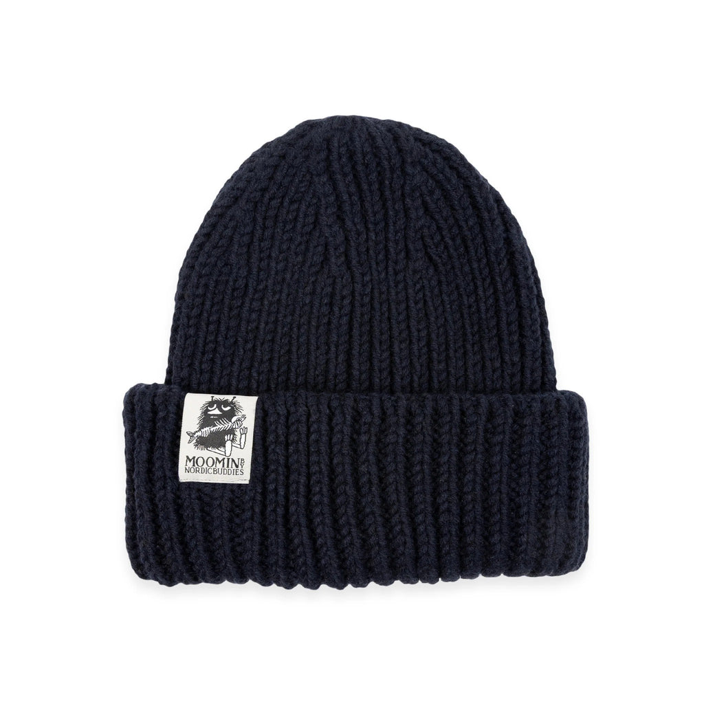 1. Navy chunky beanie with Moomin by NordicBuddies logo on folded brim, shown on white background