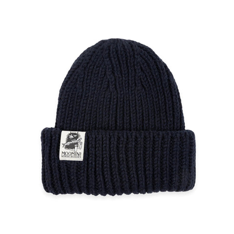 1. Navy chunky beanie with Moomin by NordicBuddies logo on folded brim, shown on white background