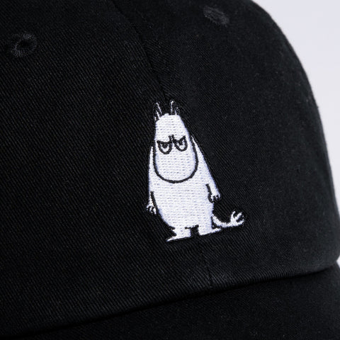 5. Close-up of embroidered Grumpy Moomintroll design on black cotton Dad Cap