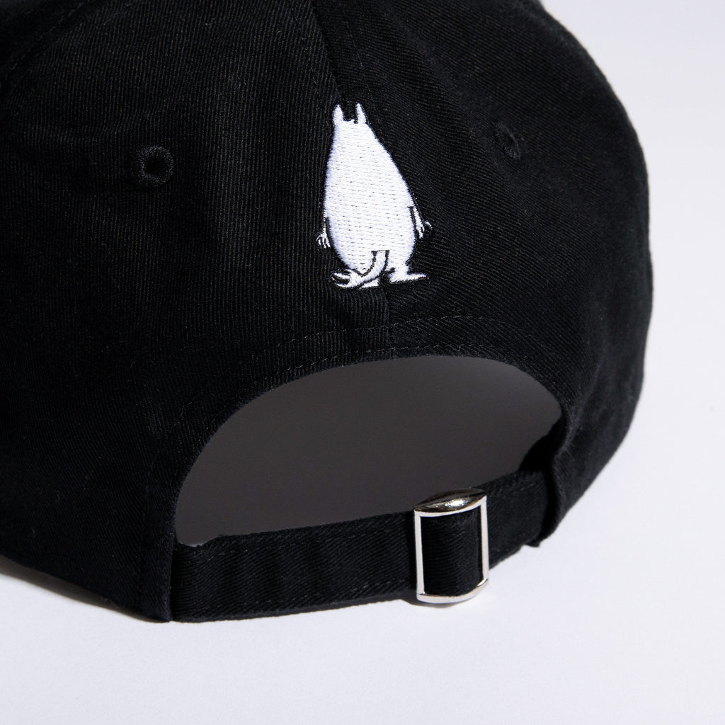 4. Close-up of black Grumpy Moomintroll Dad Cap showing back embroidery and adjustable strap