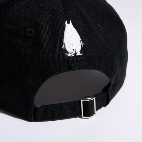 4. Close-up of black Grumpy Moomintroll Dad Cap showing back embroidery and adjustable strap