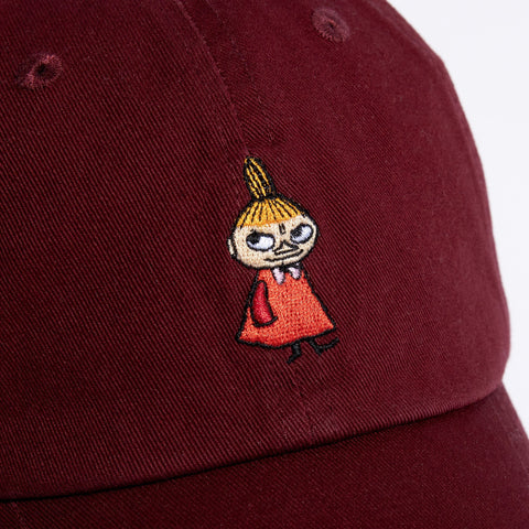 3. Close-up of Little My embroidery on red Moomin Dad Cap