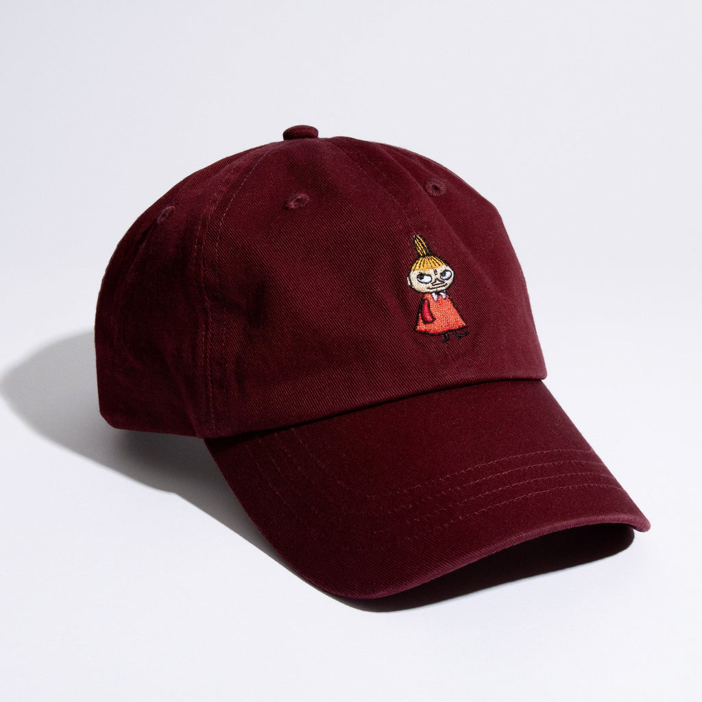 2. Studio shot of red Little My Dad Cap by Moomin, featuring Little My embroidery