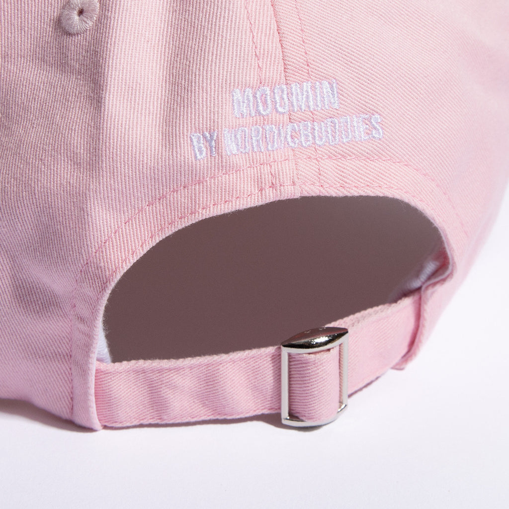 4. Back view of pink Moomin Dad Cap showing adjustable strap and branding