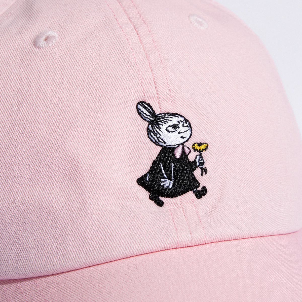 3. Close-up of Little My embroidery on pink Moomin Dad Cap