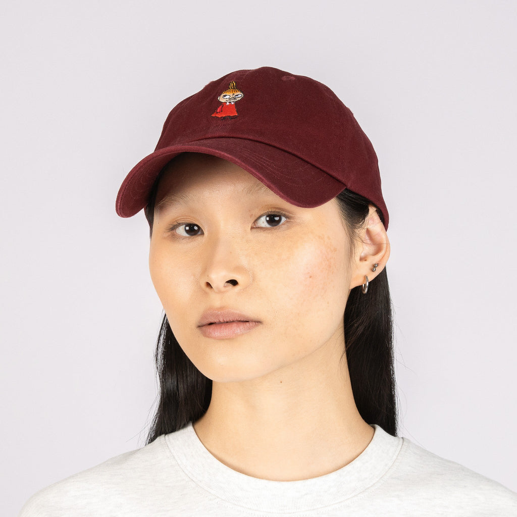 1. Women's red Little My Dad Cap by Moomin, worn by model, front view