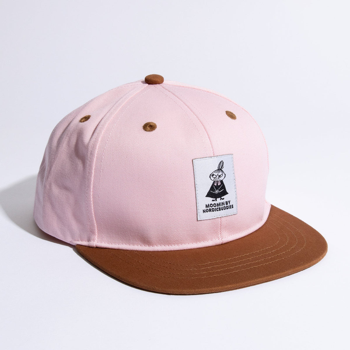1. Kids' Little My flat cap in pink and brown by Moomin, studio shot showing front design