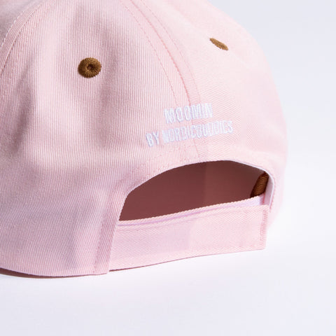 3. Back view of kids' pink flat cap by Moomin, showing adjustable strap and logo