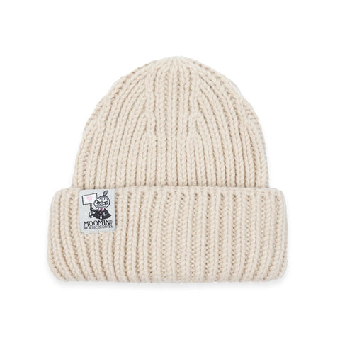 2. Beige ribbed beanie with Moomin logo on clean white background