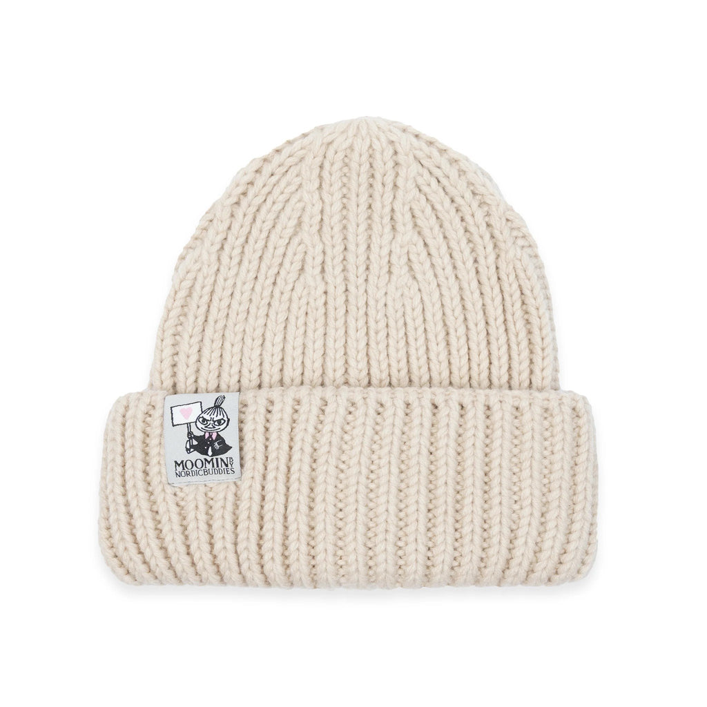 2. Studio shot of beige chunky beanie by Moomin NordicBuddies with visible logo on cuff