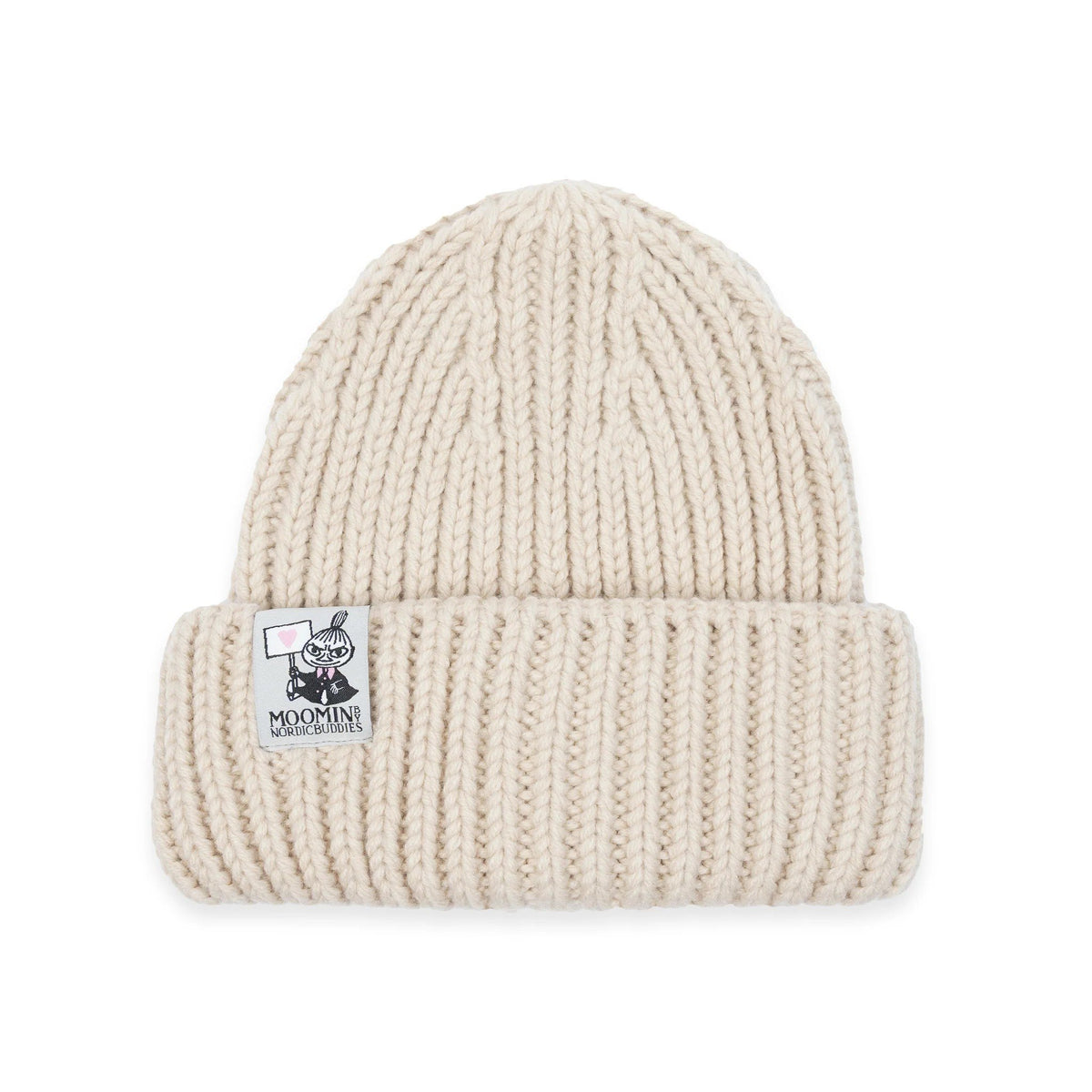 2. Studio shot of beige chunky beanie by Moomin NordicBuddies with visible logo on cuff