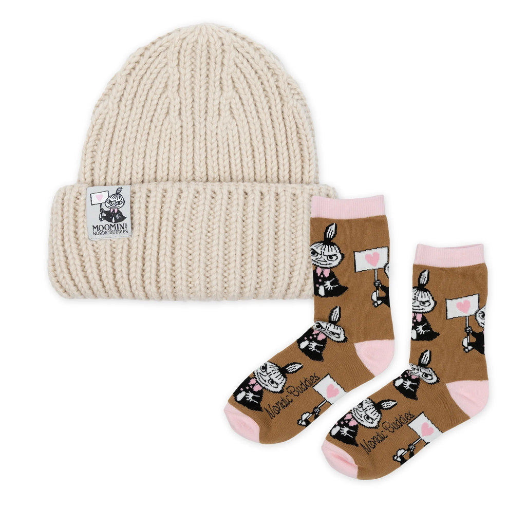 4. Flat lay of beige ribbed beanie with Moomin logo and brown socks featuring Little My design with pink hearts