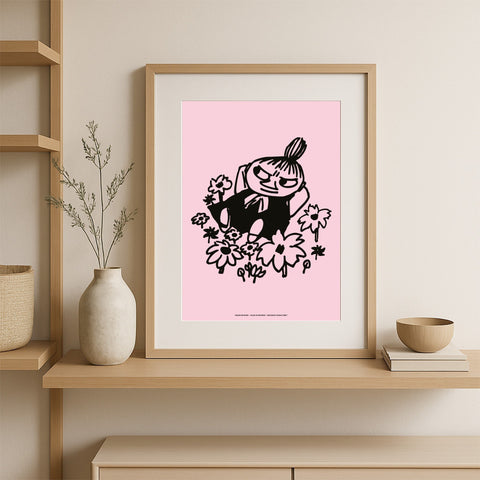 1. Little My Poster by Moomin in wooden frame on shelf, pink background, 30x40 cm