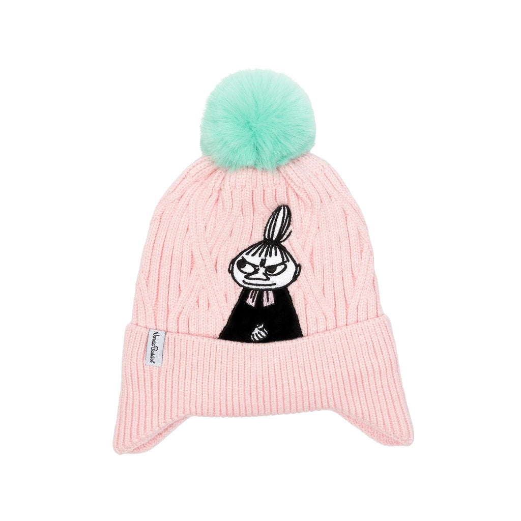 3. Pink Moomin beanie with Little My character and green pom-pom, shown flat with NordicBuddies label